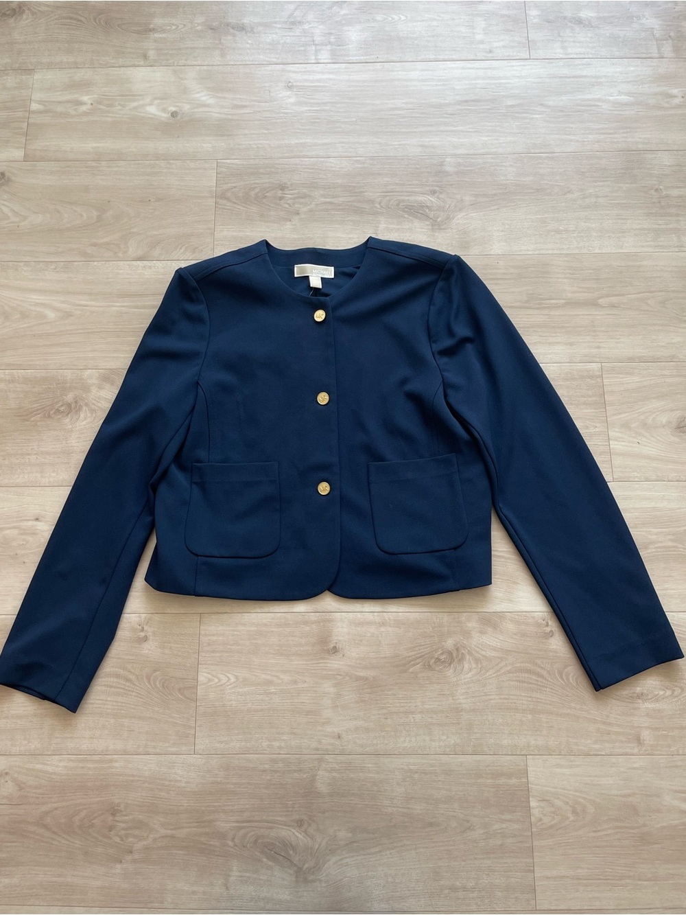 Michael Kors Navy Collarless Blazer with Gold Buttons